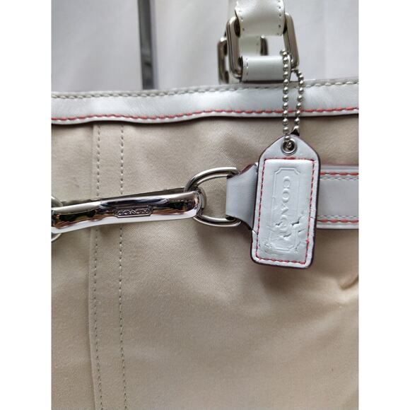 Coach Hampton Beige Canvas White Leather Trim Zipper Closure Tassel Satchel Bag - Picture 5 of 14